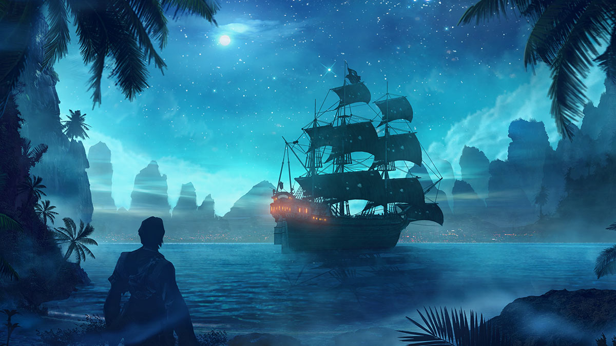 An illustration of a ship in a cove, being watched by a man on shore.