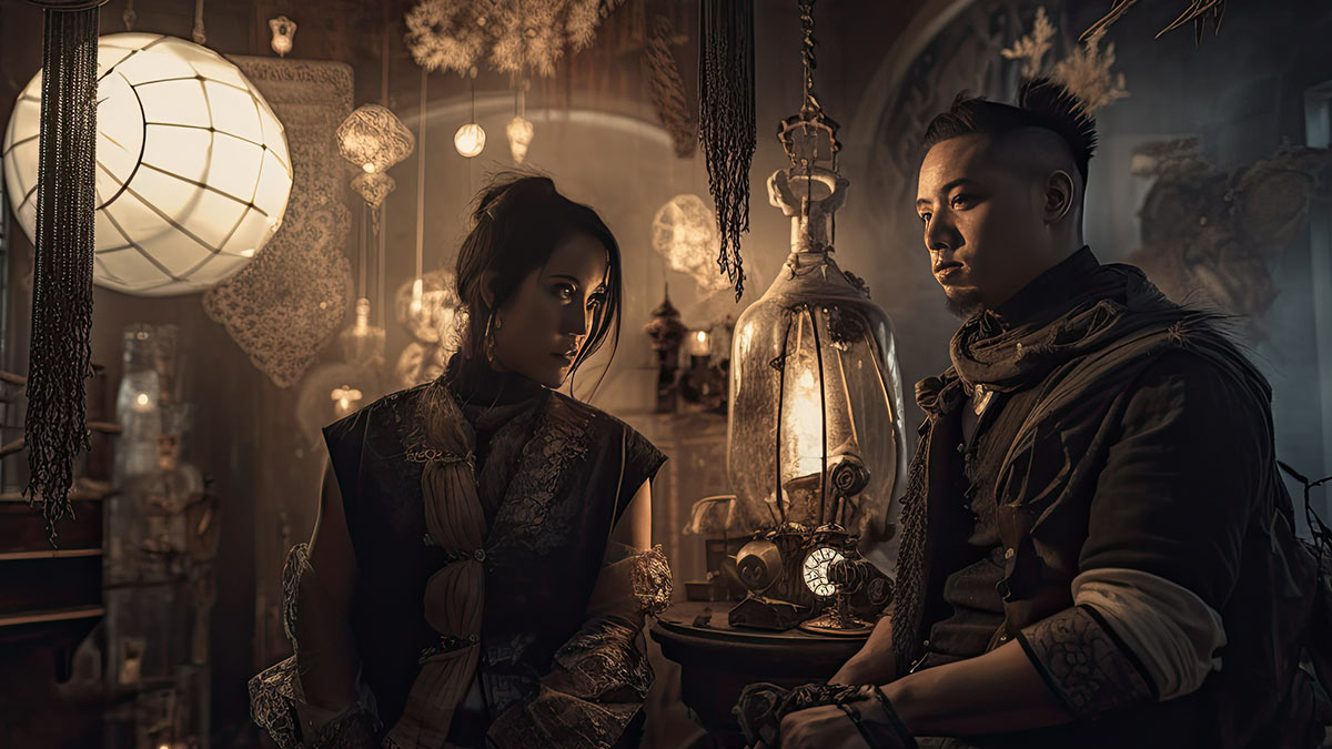 Illustration of two people in a room full of lamps.