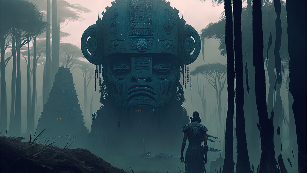 An illustration of a person standing in a forest, in front of two ancient structures.