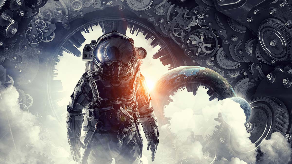 A generated image showing an astronaut surrounded by several gears and machine parts with a warped and inverted view of a planet beside them.