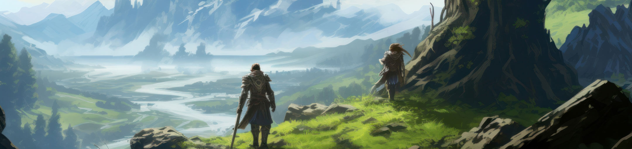 Illustration of two heroes standing at the top of a hill overlooking a valley.