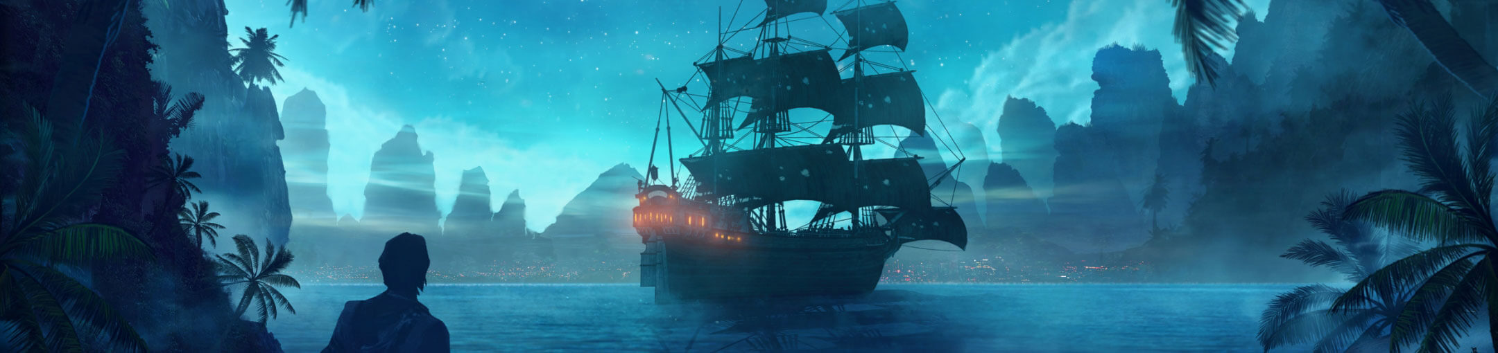 An illustration of a ship in a cove, being watched by a man on shore.