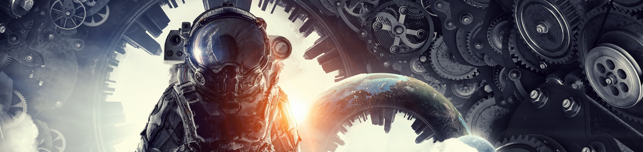 A generated image showing a pilot surrounded by several gears and machine parts with a warped and inverted view of a planet beside them.