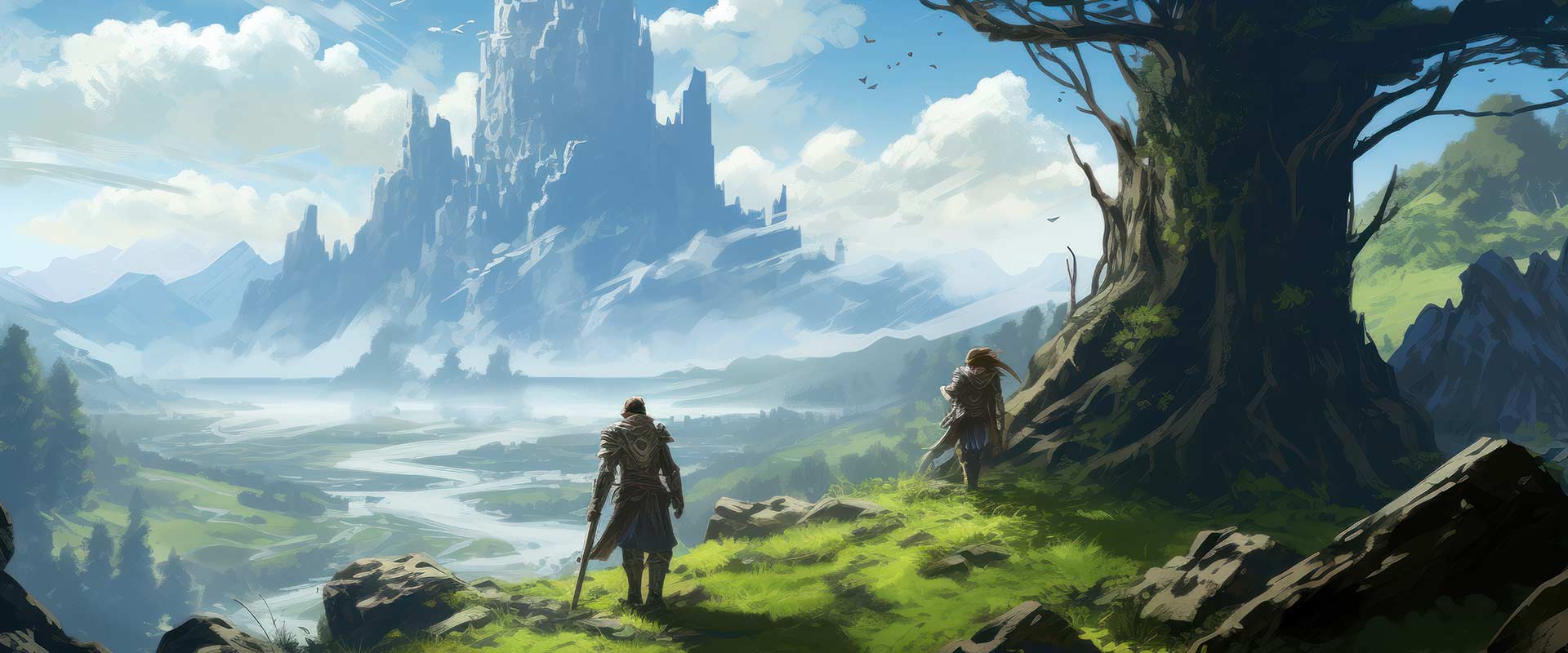 Illustration of two heroes standing at the top of a hill overlooking a valley.