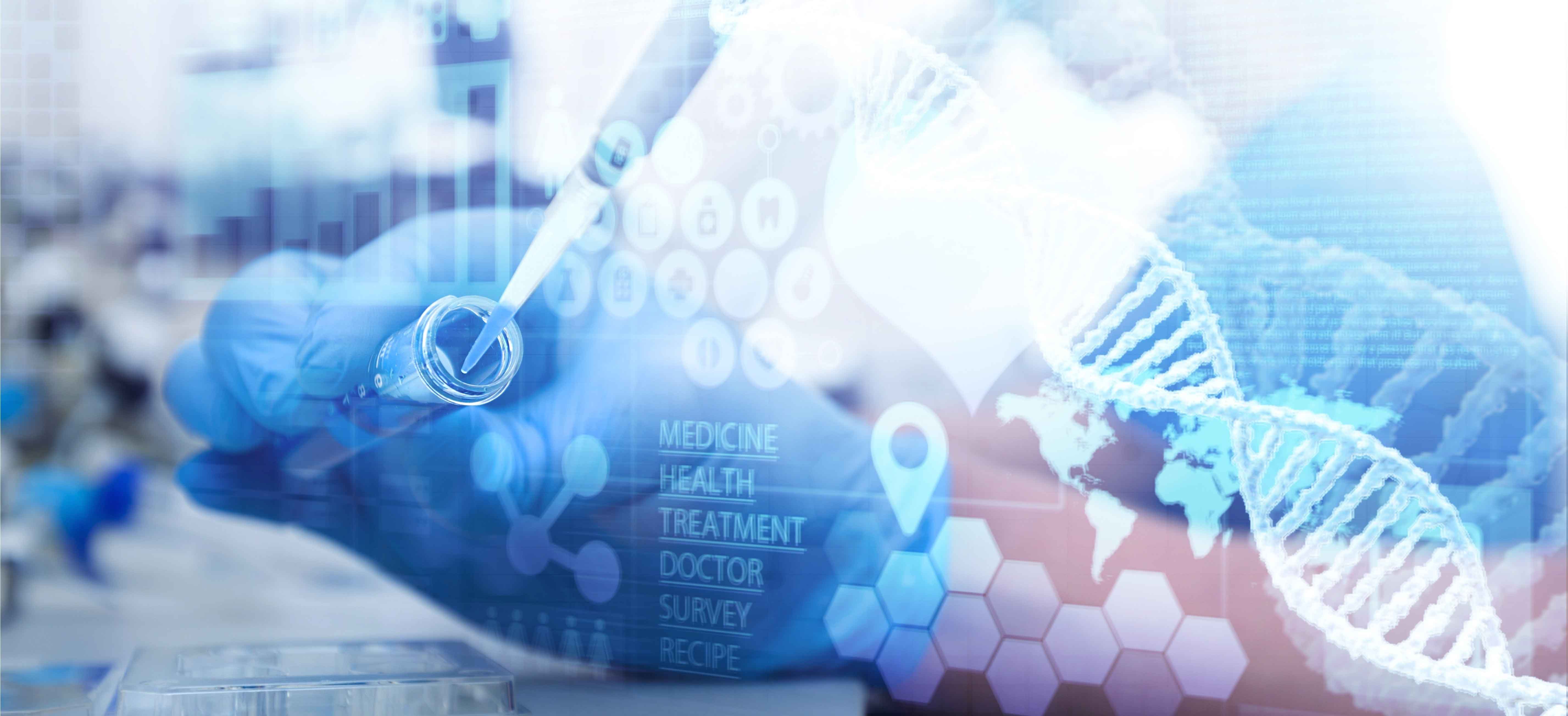 graphic with stands of D N A overlapping a researcher using a pipette.