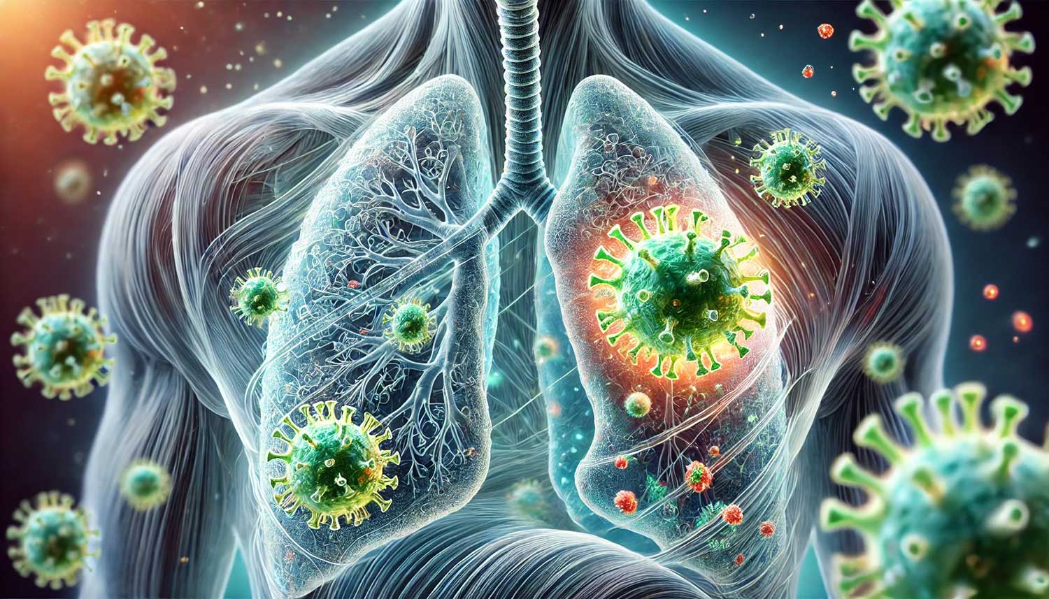 graphic of COVID cells in the lungs.