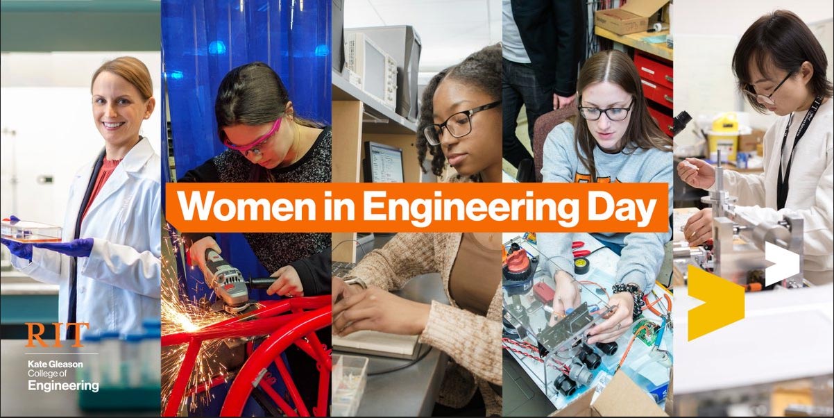 five images stitched together showing women in engineering roles.