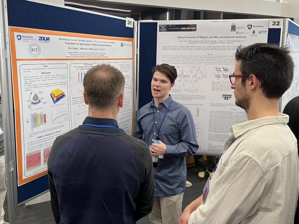 A presenter speaks with two attendees in front of an RIT research poster about linear synaptic updates in 2D crystal field-effect transistors for artificial neural networks. The poster includes device schematics, model diagrams, and plotted results in a conference poster area.