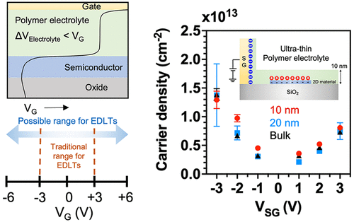 Scientific figure showing electrolyte-gated two-dimensional crystal transistors, with a schematic illustrating gate voltage across a polymer electrolyte and a plot comparing carrier density for bulk, 20 nanometer, and 10 nanometer ultrathin polymer electrolytes across side-gate voltages. An inset diagram highlights the ultrathin polymer electrolyte layer above the two-dimensional material device.