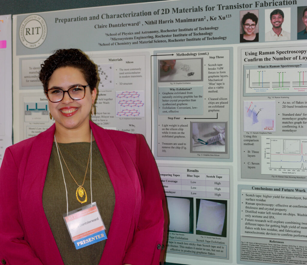 A presenter wearing an event badge stands in front of a research poster titled “Preparation and Characterization of 2D Materials for Transistor Fabrication” at the RIT Undergraduate Research Symposium. The poster includes diagrams, methods, Raman spectroscopy results, and conclusions related to 2D materials for transistor fabrication.