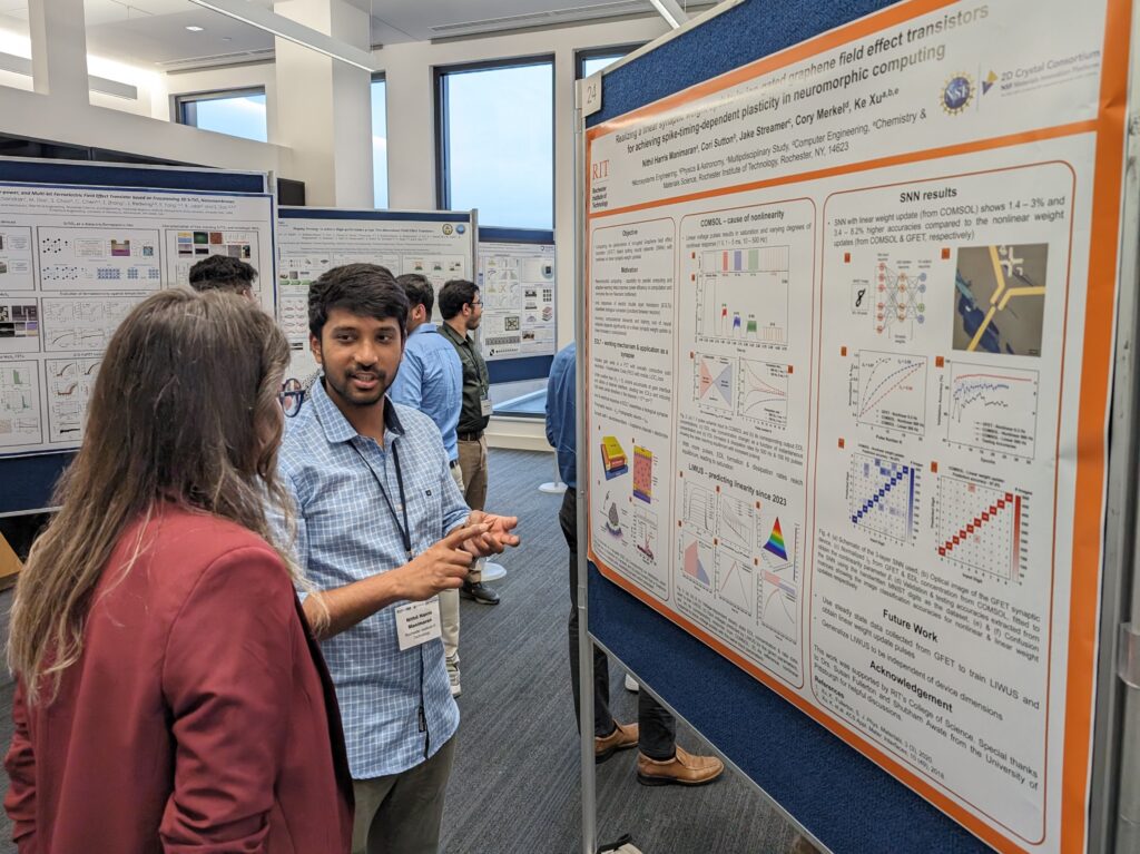 A person explaining a research poster to an attendee at a conference poster session.