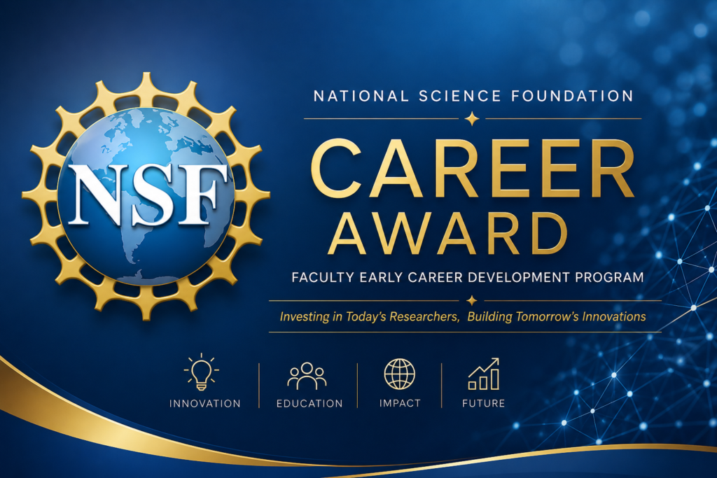 National Science Foundation CAREER Award graphic with icons for innovation, education, impact, and future.